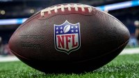 A detail of the NFL logo on The Duke Wilson football ball