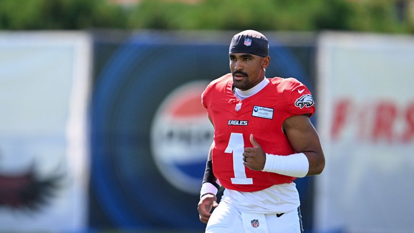 PHILADELPHIA, PA – AUGUST 04: Philadelphia Eagles quarterback Jalen Hurts #1 is shown during the Philadelphia Eagles training camp on August 4th, 2026 at Jefferson Health Training Center in Philadelphia, PA. (Photo by Terence Lewis/Icon Sportswire via Getty Images)