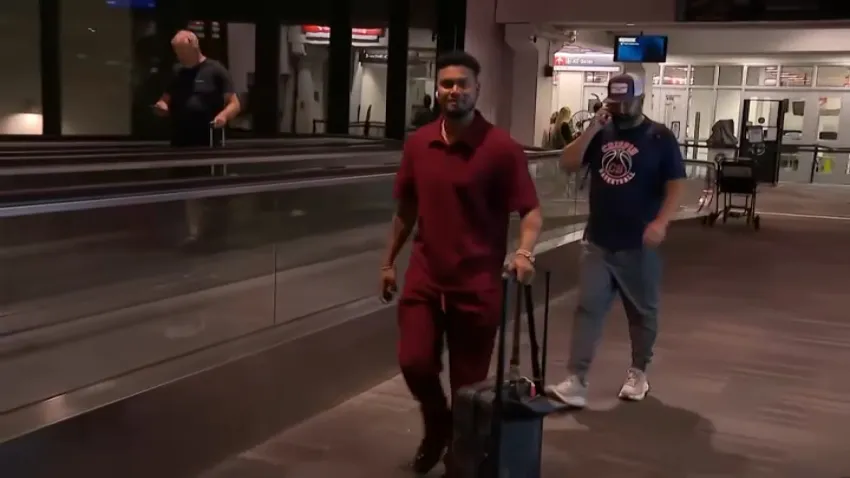 New Philadelphia Phillies' acquisition -- and the National League's leading hitter with a .324 batting average -- Luis Arráez, arrives at the Philadelphia International Airport on Monday night.