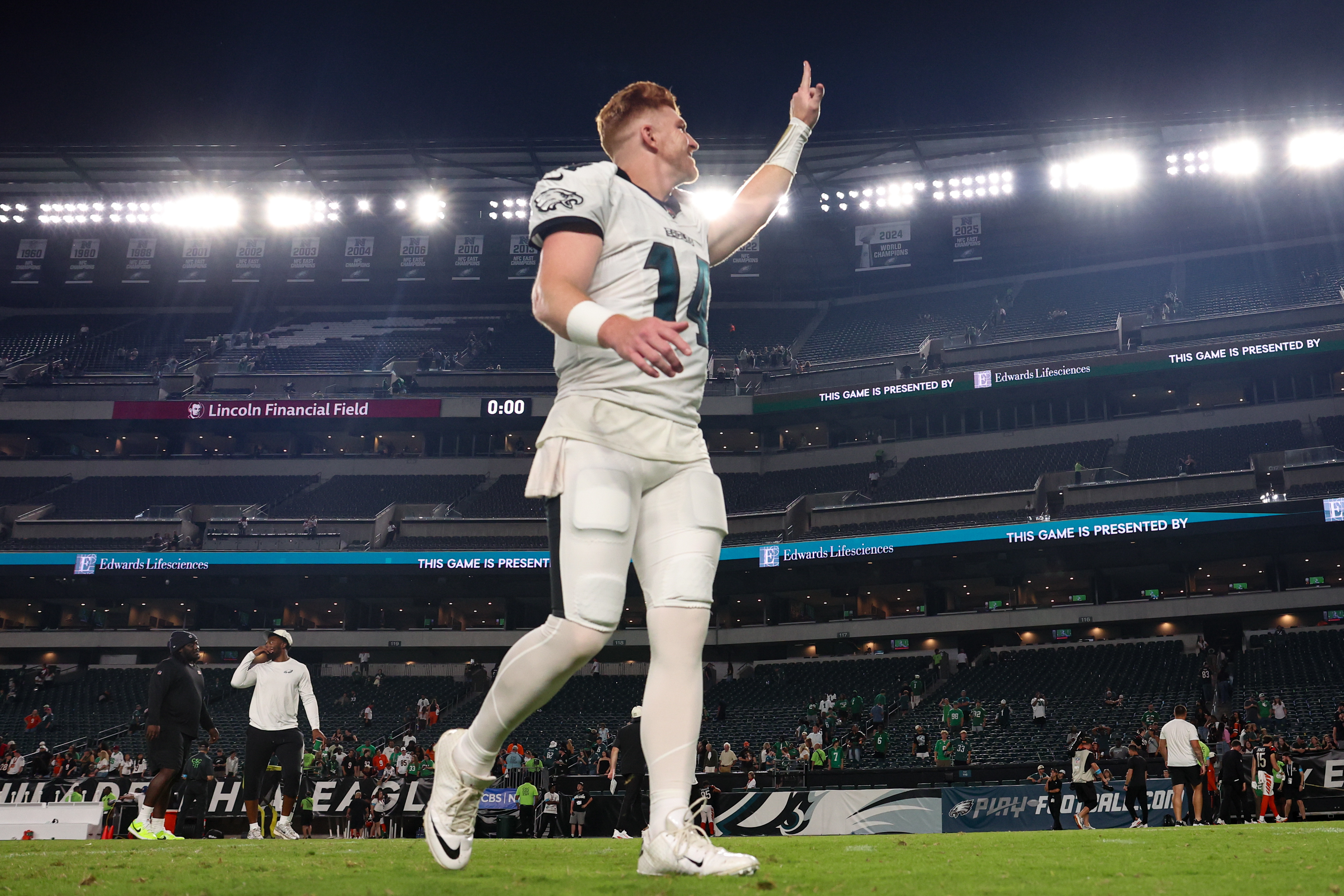 Aug 28, 2026; Philadelphia, Pennsylvania, USA; Philadelphia Eagles quarterback Andy Dalton (14) walks off the field after a loss against the Cincinnati Bengals at Lincoln Financial Field. Mandatory Credit: Bill Streicher-Imagn Images