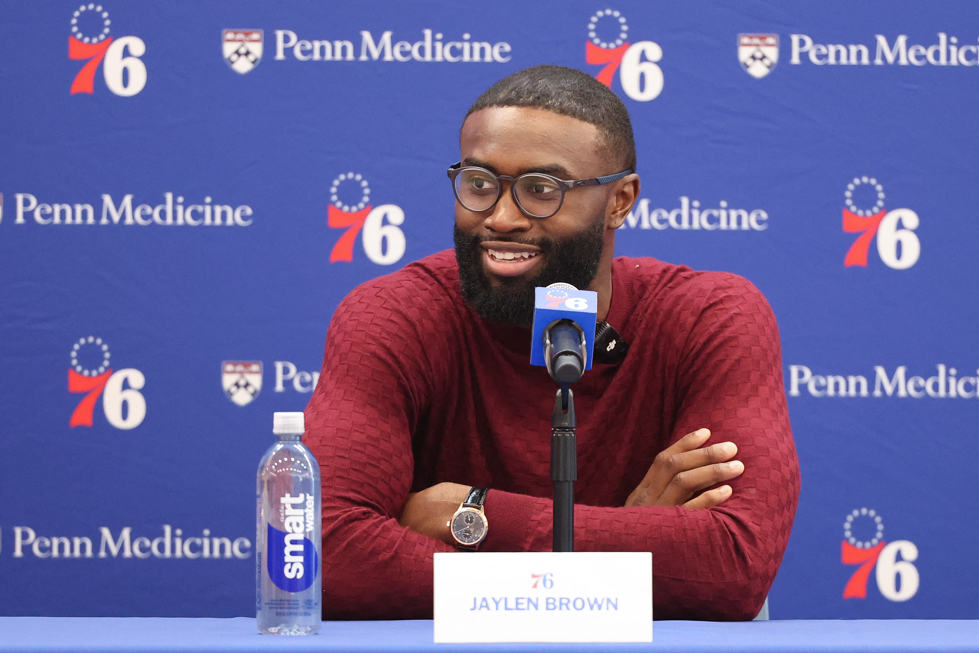 Aug 6, 2026; Camden, NJ, USA; Philadelphia 76ers guard Jaylen Brown speaks with the media during his introductory press conference at the Francis J. Myers Recreation Center. Mandatory Credit: Bill Streicher-Imagn Images
