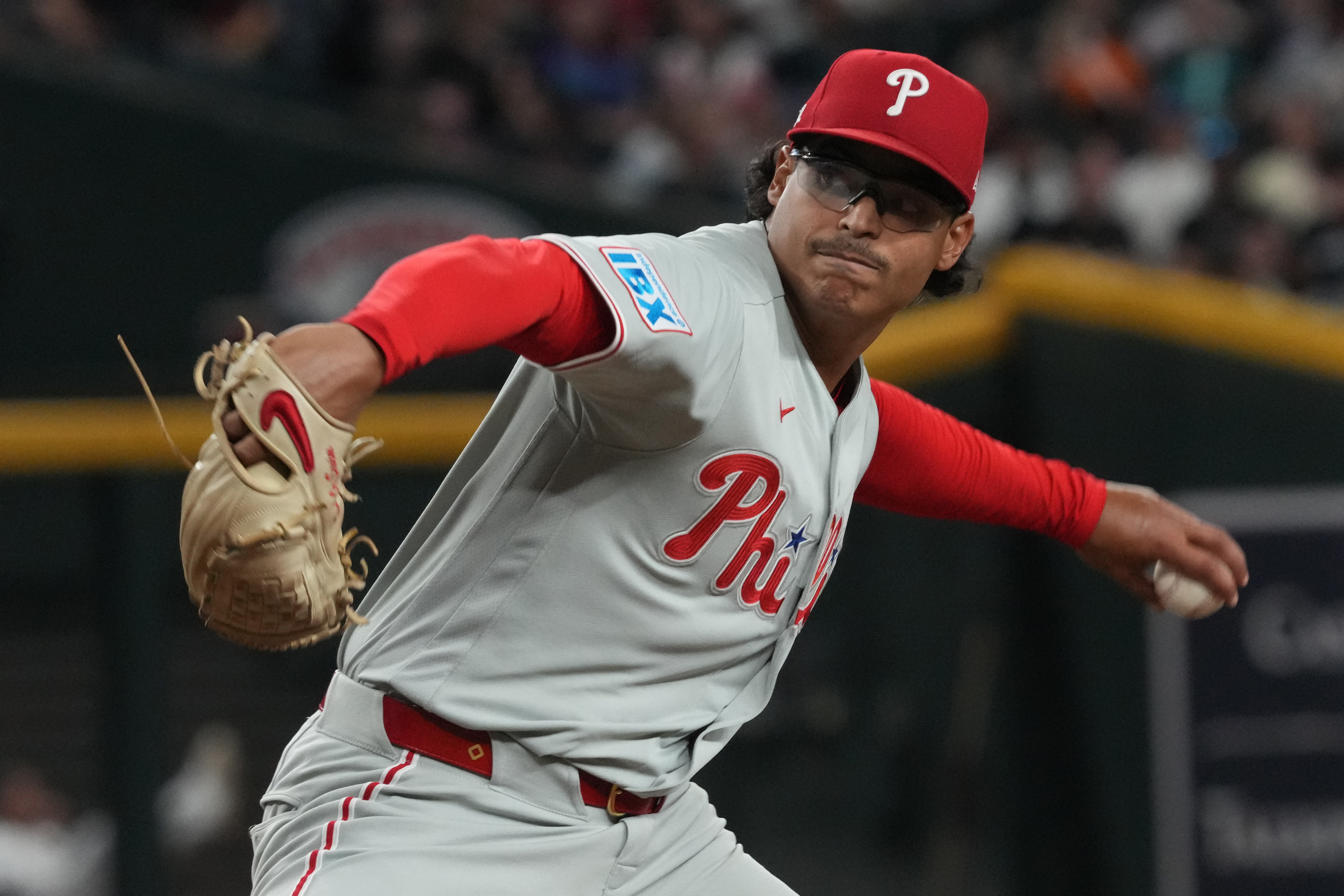 Sep 1, 2026; Phoenix, Arizona, USA;  Philadelphia Phillies pitcher Jesus Luzardo (44) throws against the Arizona Diamondbacks in the first inning at Chase Field.  Mandatory Credit: Rick Scuteri-Imagn Images