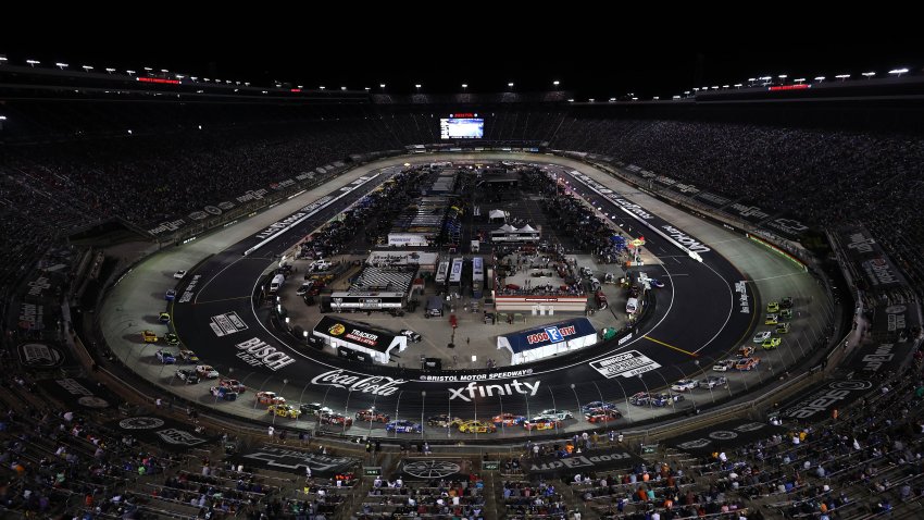 A general view of racing during the NASCAR Cup Series Bass Pro Shops Night Race