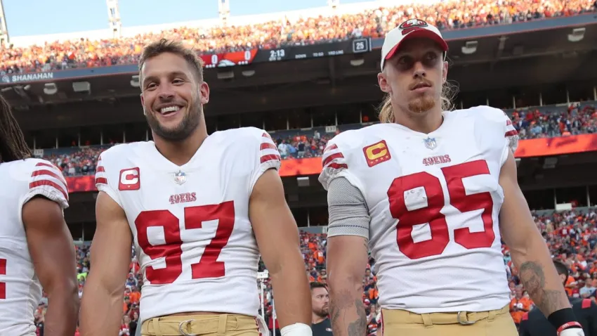 DENVER, CO – SEPTEMBER 25: Fred Warner #54, Nick Bosa #97 and George Kittle #85 of the San Francisco 49ers on the sideline before the game against the Denver Broncos at Empower Field At Mile High on September 25, 2022 in Denver, Colorado. The Broncos defeated the 49ers 11-10. (Photo by Michael Zagaris/San Francisco 49ers/Getty Images)