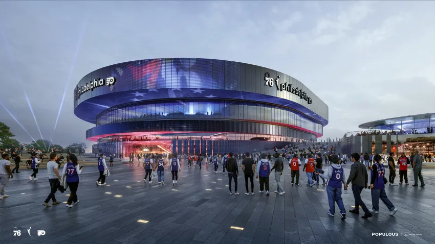 A rendering of the new arena design for the Philadelphia 76ers and Philadelphia Flyers, planned for the historic Spectrum grounds in South Philadelphia.