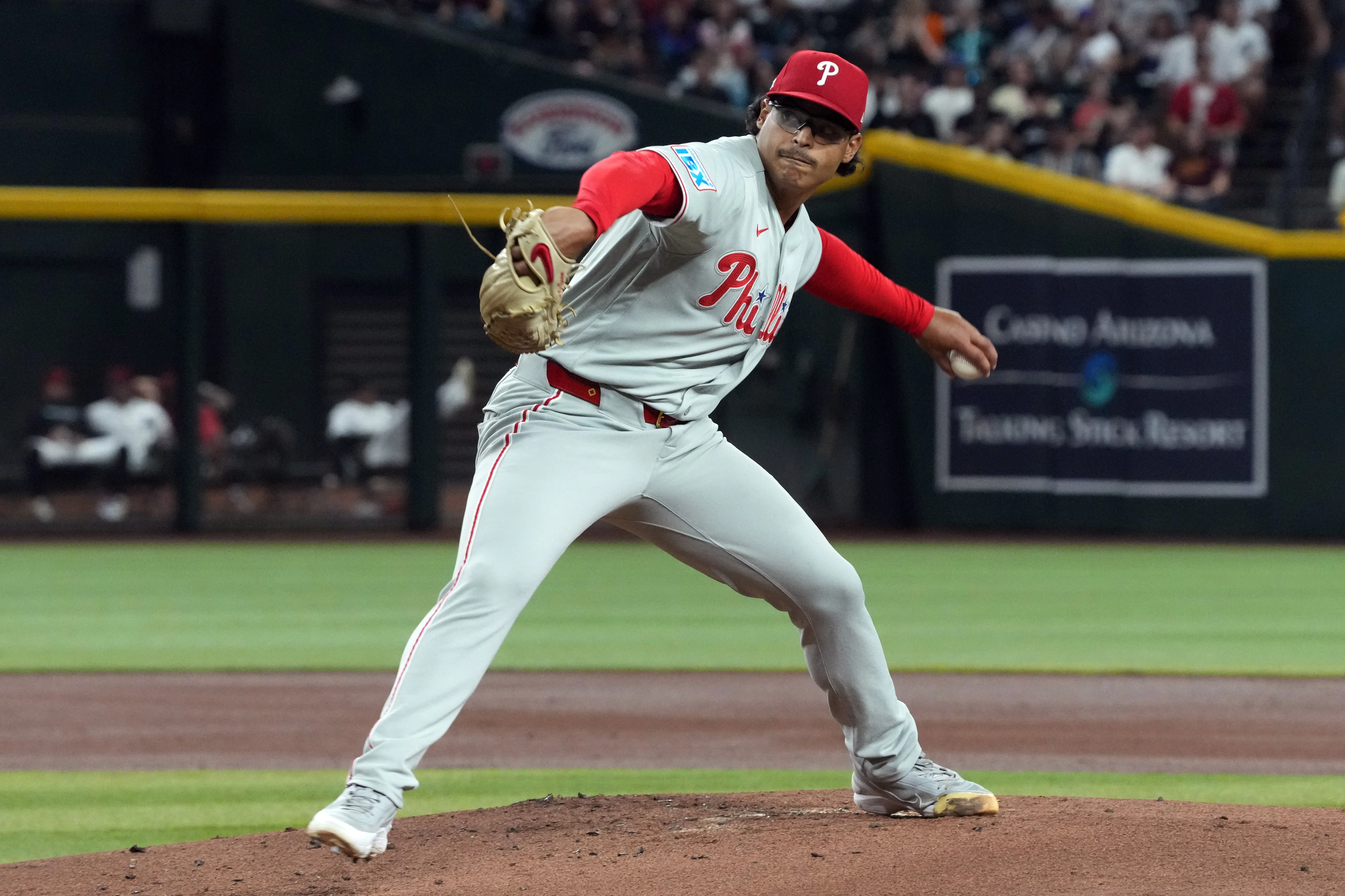 Sep 1, 2026; Phoenix, Arizona, USA;  Philadelphia Phillies pitcher Jesus Luzardo (44) pitches against the Arizona Diamondbacks in the first inning at Chase Field.  Mandatory Credit: Rick Scuteri-Imagn Images