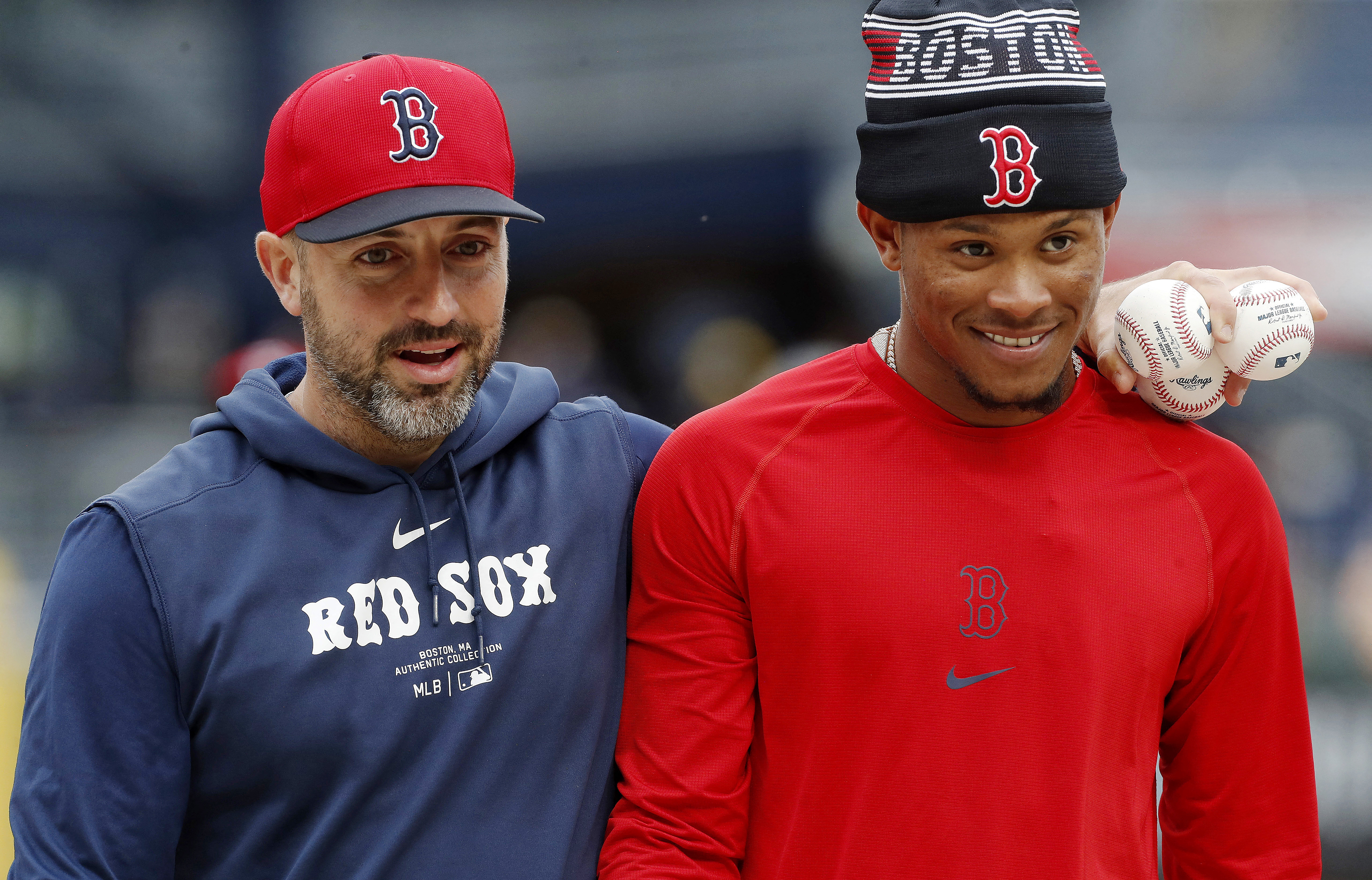 Apr 19, 2024; Pittsburgh, Pennsylvania, USA; Boston Red Sox hitting coach Peter Fatse (right) and outfielder Ceddanne Rafaela (43) talk at the batting cage before the game against the Pittsburgh Pirates at PNC Park. Mandatory Credit: Charles LeClaire-USA TODAY Sports