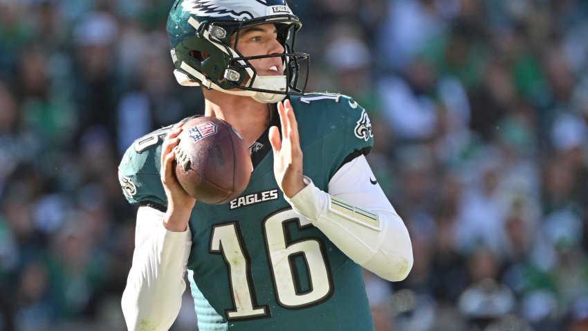 Oct 18, 2026; Philadelphia, Pennsylvania, USA; Philadelphia Eagles quarterback Tanner McKee (16) looks fro a receiver against the Carolina Panthers at Lincoln Financial Field. Mandatory Credit: Eric Hartline-Imagn Images