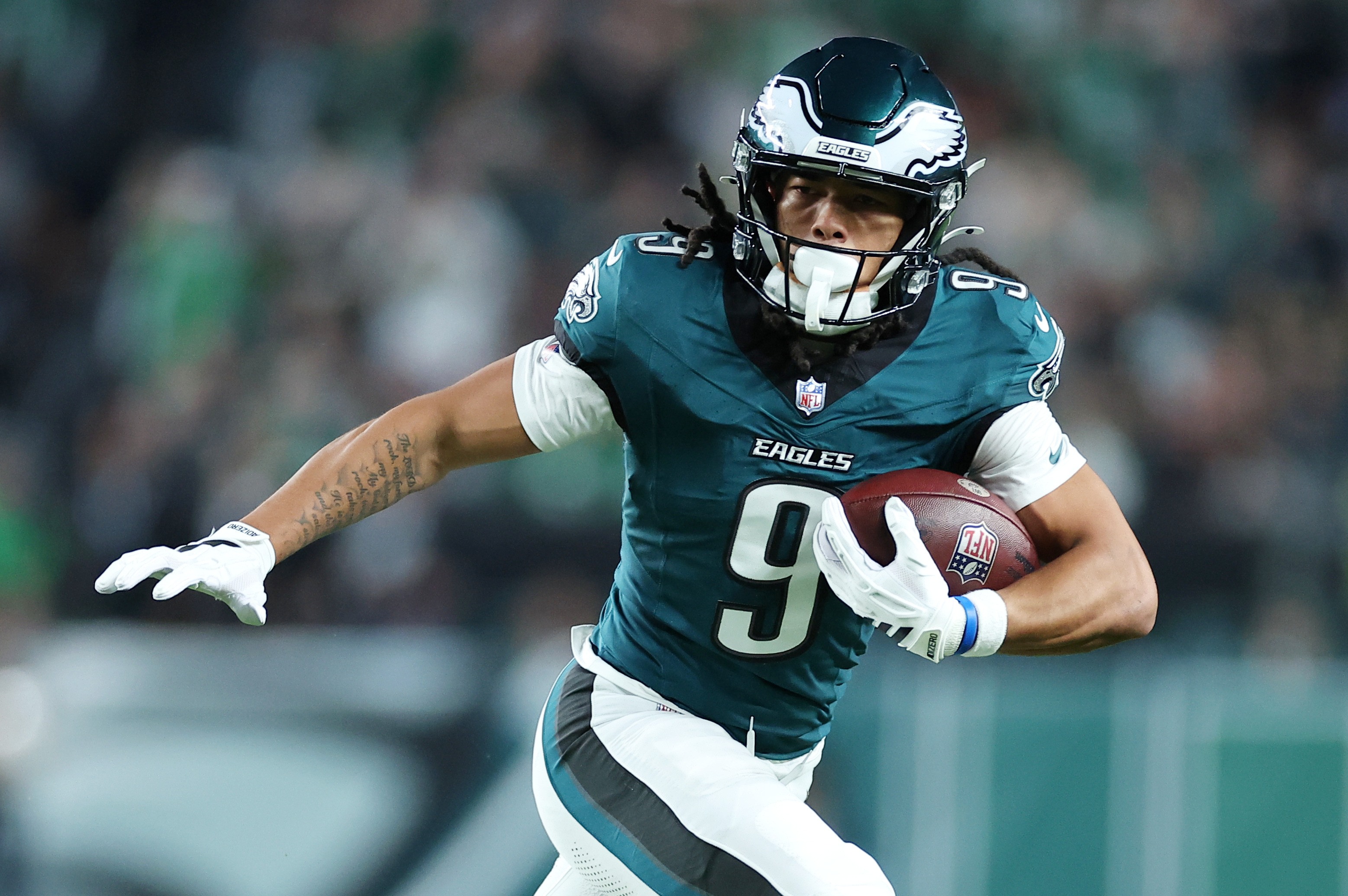 Oct 26, 2026; Philadelphia, Pennsylvania, USA;  Philadelphia Eagles wide receiver Makai Lemon (9) runs after making a catch during the first quarter against the Dallas Cowboys at Lincoln Financial Field.  Mandatory Credit: Bill Streicher-Imagn Images