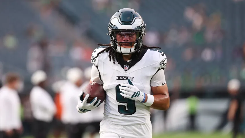 Aug 28, 2026; Philadelphia, Pennsylvania, USA; Philadelphia Eagles wide receiver Makai Lemon (9) before action against the Cincinnati Bengals at Lincoln Financial Field. Mandatory Credit: Bill Streicher-Imagn Images