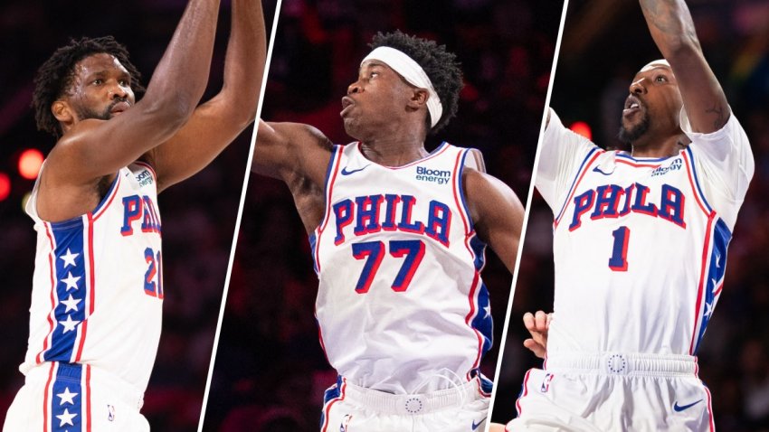 Joel Embiid, VJ Edgecombe and Kentavious Caldwell-Pope during the Sixers’ win over the Bucks.