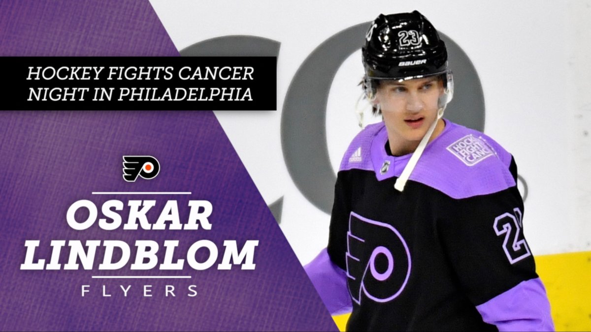 Flyers Don Oskar Lindblom Jerseys for Hockey Fights Cancer Night Warmups -  Crossing Broad